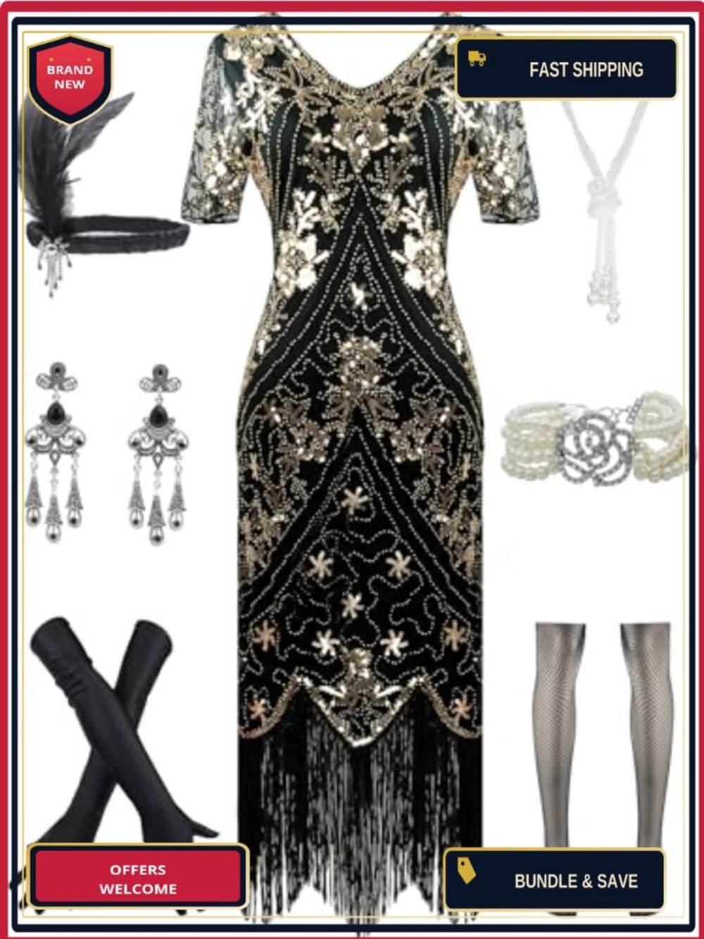 1920s Sequins Flapper Gatsby Cocktail Dress Headband Set